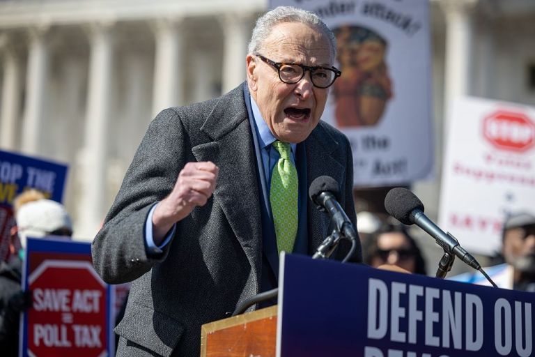 Senate Minority Leader Chuck Schumer (D-NY) speaks during a rally against the SAVE America Act outside the U.S. Capitol in Washington, DC, United States, on March 18, 2026. (Photo by Nathan Posner/Anadolu via Getty Images)