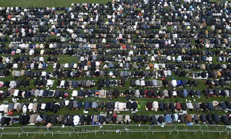 BIRMINGHAM, UNITED KINGDOM - MARCH 20: Worshippers take part in the Eid al-Fitr morning prayer to mark the first day of Eid in Small Heath Park on March 20, 2026 in Birmingham, United Kingdom. (Photo by Giannis Alexopoulos/Anadolu via Getty Images)