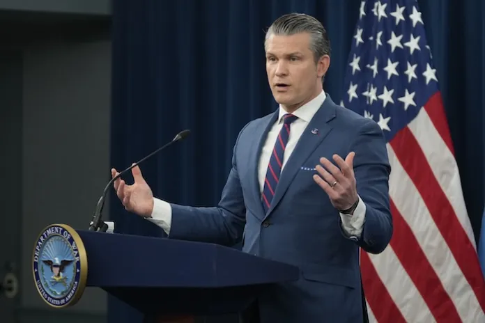 Defense Secretary Pete Hegseth speaks during a press briefing at the Pentagon, Monday, March 2, 2026, in Washington. (AP Photo/Mark Schiefelbein)
