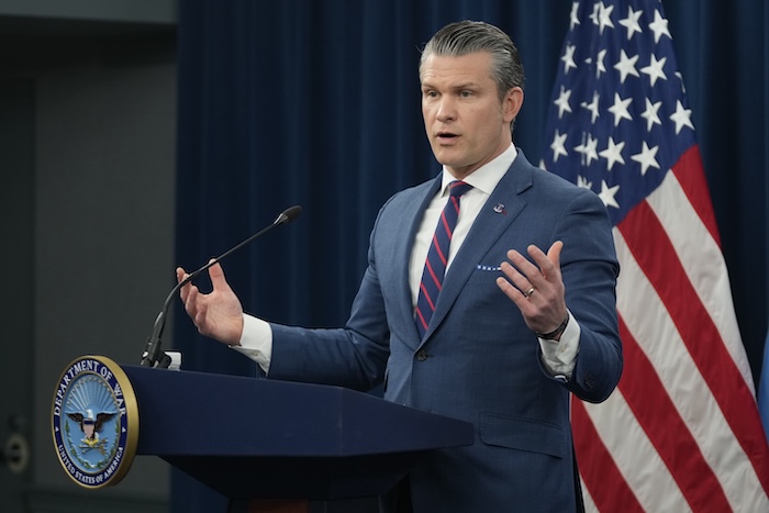 Defense Secretary Pete Hegseth speaks during a press briefing at the Pentagon, Monday, March 2, 2026, in Washington. (AP Photo/Mark Schiefelbein)