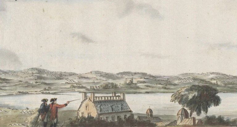 Second Continental Congress president John Hancock's Beacon Hill home (which is visible in this panoramic watercolor of Boston by Richard Williams, 1775). In the aftermath of the siege of Boston, Gen. George Washington writes to him to give him the good news. (Photo courtesy of the Richard H Brown Revolutionary War map collection).