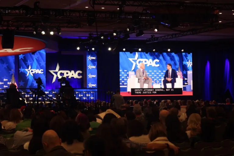 Deputy Attorney General Todd Blanche participates in a fireside chat with Matt Schlapp at CPAC.