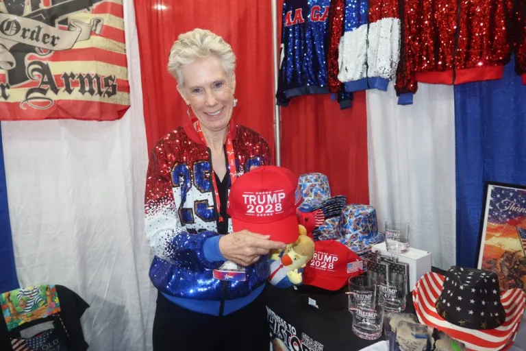Sandy Schoepke, a conservative merchandise vendor, says she has found an unlikely hit in her “Trump 2028” hats. (Samantha-Jo Roth, Washington Examiner)