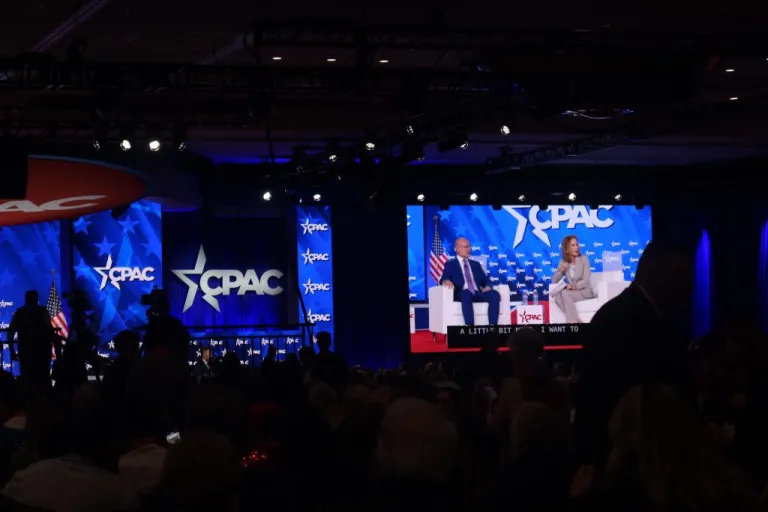 FCC chairman Brendan Carr participates in a fire side chat with America First Legal Foundation General Counsel Julie Strauss Levin at CPAC. (Samantha-Jo Roth, Washington Examiner)
