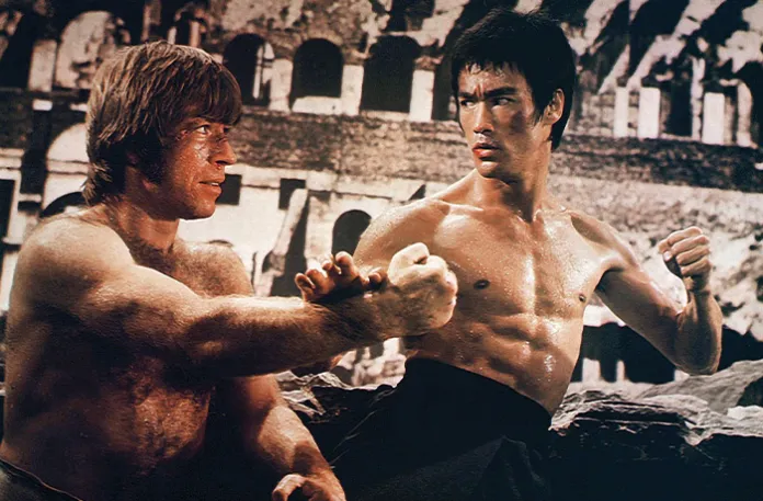 Chuck Norris and Bruce Lee in The Way of the Dragon, 1972. (Screen Archives/Getty Images)