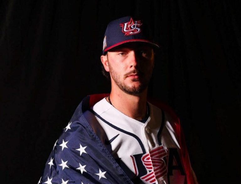 Pittsburgh Pirates pitcher Paul Skenes posing with the American flag for the 2026 World Baseball Classic.