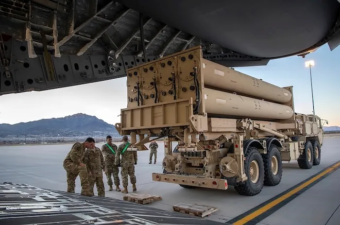 This image provided by the U.S. Air Force shows the U.S. Army Terminal High Altitude Area Defense (THAAD) launching station preparing to load onto a 4th Airlift Squadron C-17 Globemaster III at Fort Bliss, Texas, Feb. 23, 2019. (Staff Sgt. Cory D. Payne/U.S. Air Force via AP)