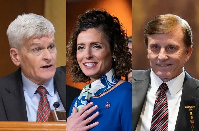 From left: Sen. Bill Cassidy (R-LA); Rep. Julia Letlow (R-LA); Louisiana State Treasurer John Fleming (Mark Schiefelbein/AP; Brett Duke/AP; Gerald Herbert/AP)