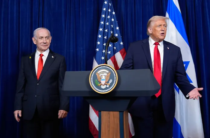 President Donald Trump answers a question from a reporter at the end of a news conference with Israeli Prime Minister Benjamin Netanyahu at Mar-a-Lago in Florida on Dec. 29, 2025. (Alex Brandon/AP)