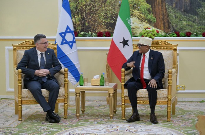 Israeli Foreign Minister Gideon Saar meets with Somaliland President Abdirahman Mohamed Abdullahi, in Hargeisa, Somaliland, on Jan. 6. (Israeli Foreign Ministry/Anadolu via Getty Images)