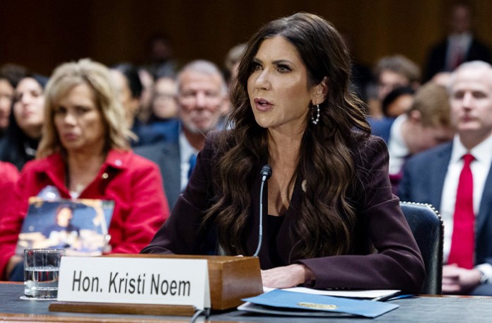 Former Secretary Kristi Noem appears for an oversight hearing before the Senate Judiciary Committee on March 3. (Graeme Jennings/Washington Examiner)