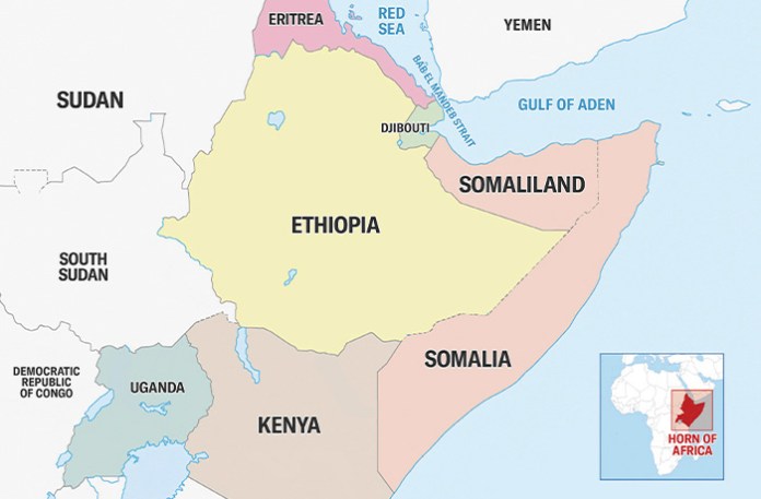 Somaliland is adjacent to the Bab el Mandeb strait on the Gulf of Aden, a critical commercial shipping route, across from Yemen, where Houthi militias have threatened to but not yet joined the war in support of Iran. (Graphic via Getty Images)