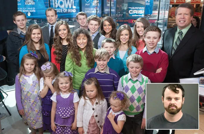 Main photo: The Duggar family in New York City on March 11, 2014. Inset photo: Joseph Duggar, who was recently has been charged with two counts of lewd and lascivious behavior over a 2020 incident. ( D Dipasupil/Getty Images for Extra; inset: Washington County Sheriff’s Office)