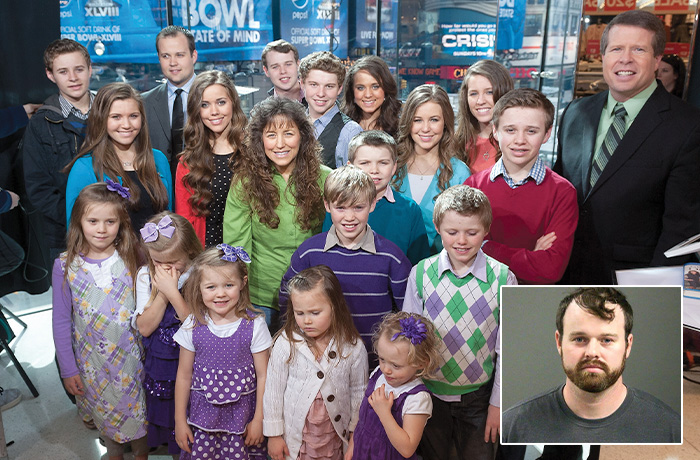 Main photo: The Duggar family in New York City on March 11, 2014. Inset photo: Joseph Duggar, who was recently has been charged with two counts of lewd and lascivious behavior over a 2020 incident. ( D Dipasupil/Getty Images for Extra; inset: Washington County Sheriff’s Office)