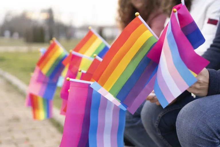Different LGBTQ flags hold by people on a protest