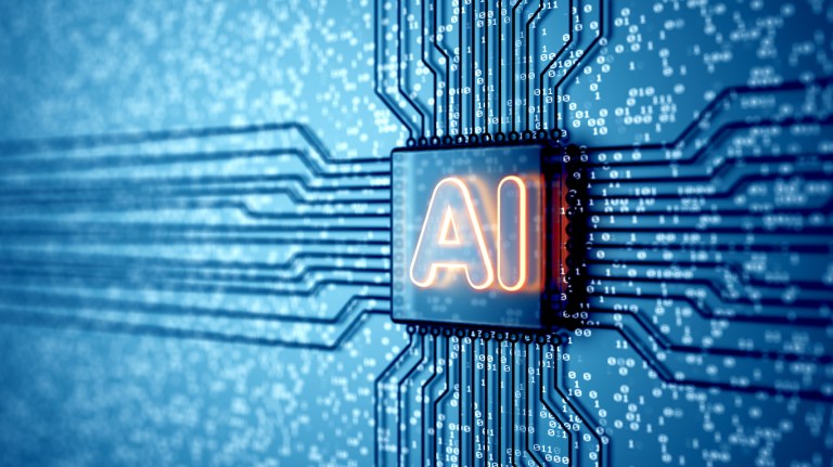 Electronic quantum computer microchip with artificial intelligence icon. AI and big data flow management.