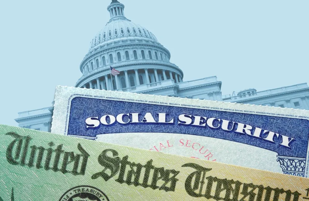 A U.S. Treasury check and a Social Security card in front of the United States Capitol building.