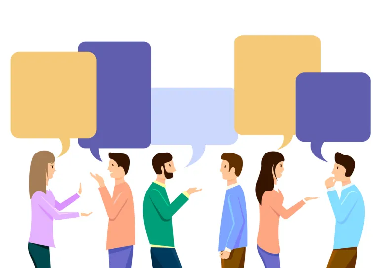 Discuss social network, teamwork. Friends talking. Vector illustration design.