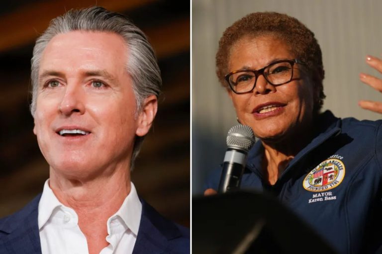 Gov. Gavin Newsom (D-CA) and Los Angeles Mayor Karen Bass speak at their respective press conferences.
