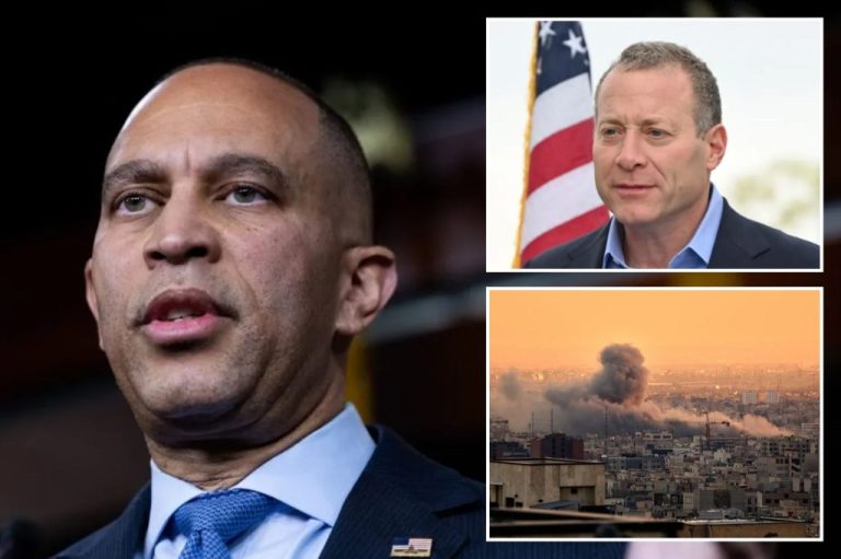 Collage of House Minority Leader Hakeem Jeffries (D-NY), Rep. Josh Gottheimer (D-NJ), and Iran.