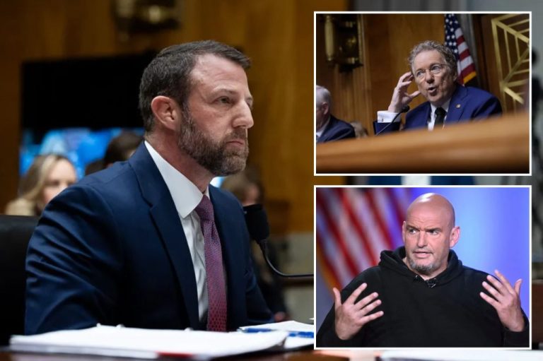 Sen. Markwayne Mullin (R-OK), left, testifies before the Senate homeland security committee on March 18, 2026, in Washington. Pictured in top right is Sen. Rand Paul (R-KY) and bottom right is Sen. John Fetterman (D-PA)
