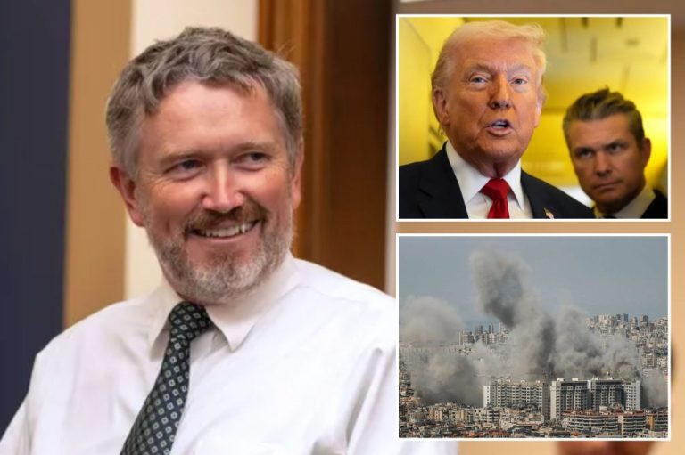 Rep. Thomas Massie (R-KY), left, is in the fight of his political life, but President Donald Trump’s (seen right) Iran war, seen bottom right, might have given the libertarian gadfly the issue he most wants to contest in a primary election.
