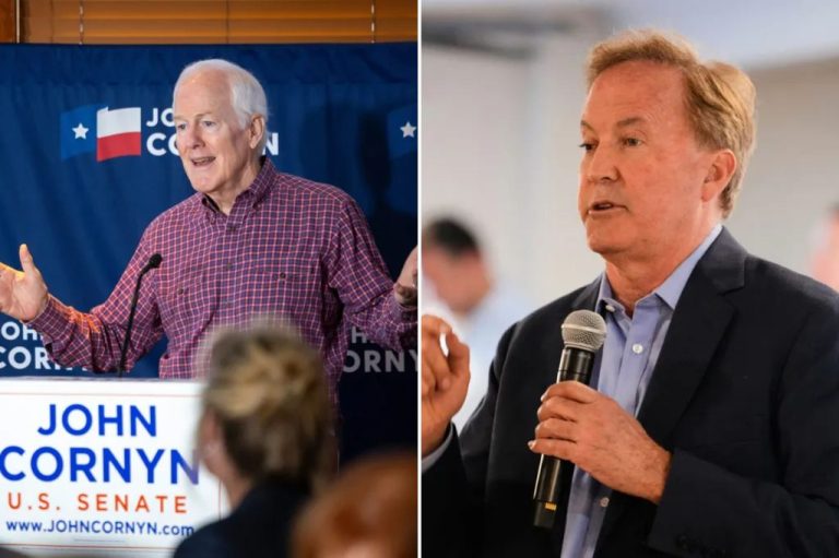 Sen. John Cornyn, R-Texas, speaks during a campaign stop, left, and Texas Attorney General Ken Paxton, the other Republican candidate, addresses supporters during a campaign stop March 2, 2026, in Waco, Texas, right.