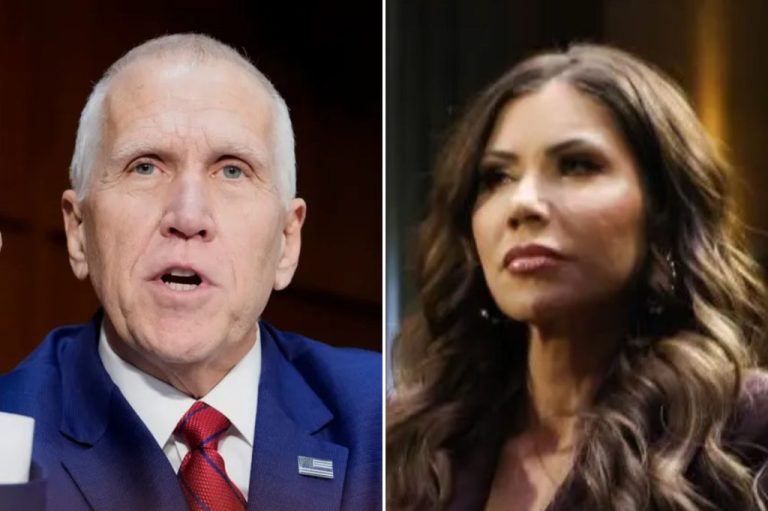 Sen. Thom Tillis (R-NC), left, and, Homeland Security Secretary Kristi Noem, right