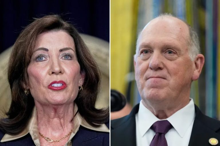 Collage of Gov. Kathy Hochul (D-NY), left, and White House border czar Tom Homan, right, delivering their respective remarks.