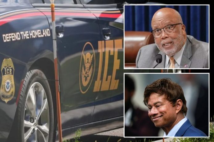 Left: An U.S. Immigration and Customs Enforcement vehicle; Top right: Rep. Bennie Thompson (D-MS); Bottom right: Rep. Shri Thanedar (D-MI) (Associated Press)