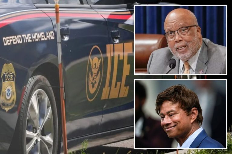 Left: An Immigration and Customs Enforcement vehicle; Top right: Rep. Bennie Thompson (D-MS); Bottom right: Rep. Shri Thanedar (D-MI) (Associated Press)