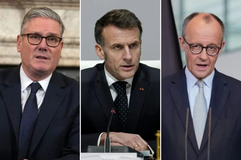 Keir Starmer, Emmanuel Macron, and Friedrich Merz.