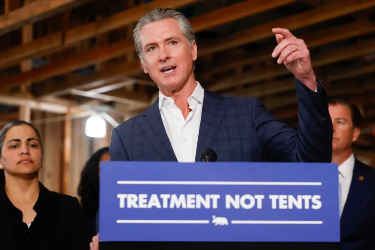 Gov. Gavin Newsom (D-CA) speaks during a press conference to address homelessness and mental health and stronger accountability measures for counties CARE Court during a press conference