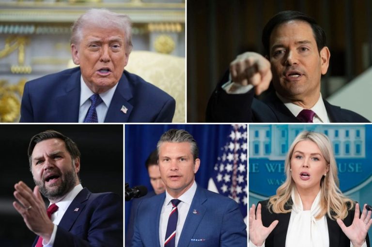 A collage of President Donald Trump, Secretary of State Marco Rubio, Vice President JD Vance, Secretary of War Pete Hegseth, and White House Press Secretary Karoline Leavitt.