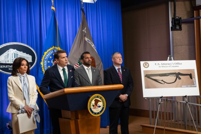 From left, U.S. Attorney for the District of Columbia Jeanine Pirro, acting Attorney General Todd Blanche, FBI Director Kash Patel, and FBI Washington Field Office Director Darren Cox.