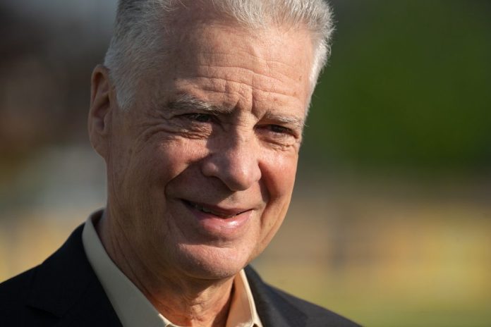 President of the Pittsburgh Steelers Art Rooney II, takes questions from media after a ribbon cutting at the U.S. Steel Community Field at Hazelwood Green on Wednesday, April 22, 2026.