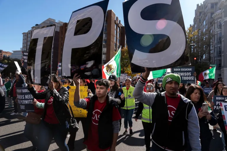 Protesters asking for work permits for Deferred Action for Childhood Arrivals (DACA), and Temporary Protected Status (TPS), programs in Washington, Tuesday, Nov. 14, 2023. (AP Photo/Jose Luis Magana)