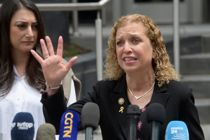 Rep. Debbie Wasserman Schultz, D-Fla., speaks to reporters after two staff members of the Israeli Embassy in Washington were killed Wednesday outside the Capital Jewish Museum, Thursday, May 22, 2025, in Washington. (AP Photo/Rod Lamkey, Jr.)