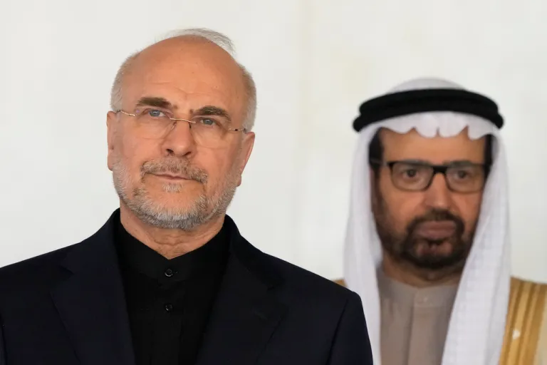 Mohammad Bagher Ghalibaf, a lawmaker from Iran, left, and Ali AlNuaimi of the United Arab Emirates pose during a group photo
