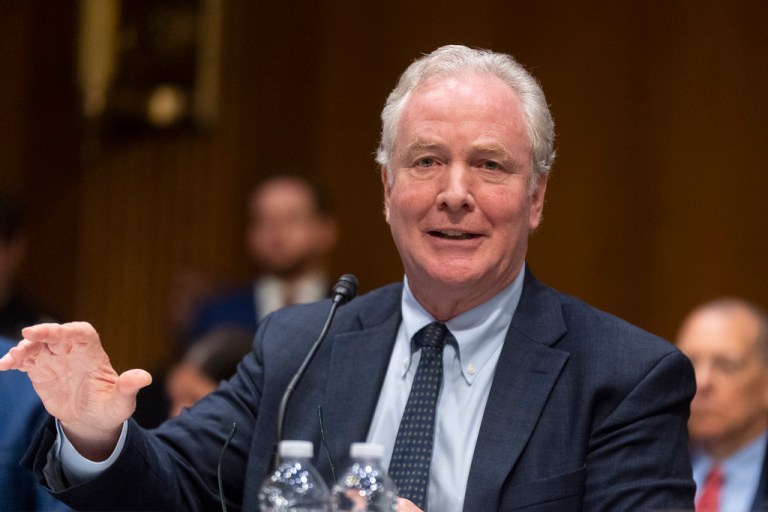 Sen. Chris Van Hollen, D-Md., speaks during the Senate Appropriations full committee markup of commerce, justice, science, agriculture, rural development, FDA, the Legislative Branch Appropriations Acts and other bills on Capitol Hill in Washington, Thursday, July 10, 2025.