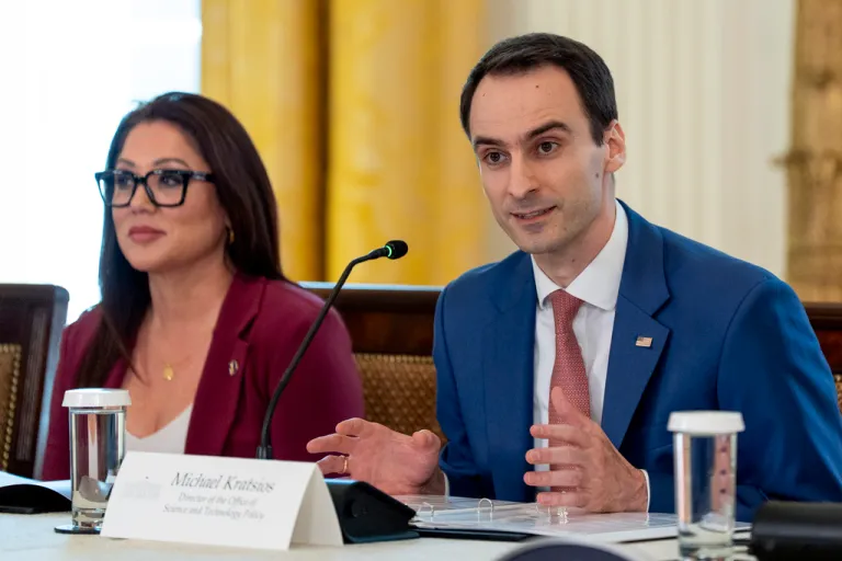 White House director of Science and Technology Policy Michael Kratsios, right, speaks as Labor Secretary Lori Chavez-DeRemer listens, during a meeting of the White House Task Force on Artificial Intelligence Education in the East Room of the White House, Thursday, Sept. 4, 2025, in Washington.