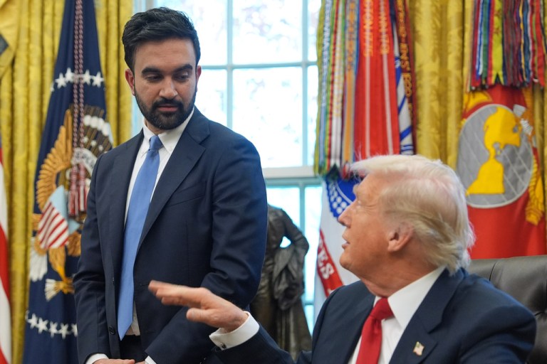 President Donald Trump talks after meeting with New York City Mayor-elect Zohran Mamdani in the Oval Office