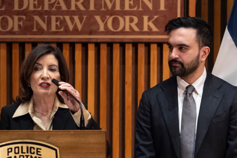 Gov. Kathy Hochul (D-NY) speaks during a press conference with New York Mayor Zohran Mamdani and NYPD Commissioner Jessica Tisch, Tuesday, Jan. 6, 2026, in New York.