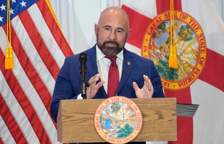 FILE - Florida Lt. Gov. Jay Collins during a news conference Aug. 12, 2025, in Tampa, Fla. (AP Photo/Chris O'Meara, File)