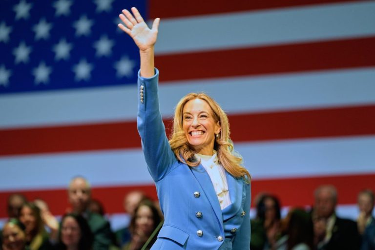 New Jersey Gov. Mikie Sherrill waves during her inauguration ceremony in Newark, N.J., Tuesday, Jan. 20, 2026. (AP Photo/Seth Wenig)