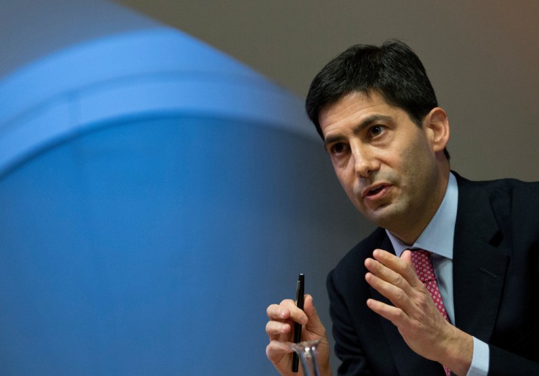 FILE - Kevin Warsh speaks to the media about his report on transparency at the Bank of England, in London, Dec., 11, 2014.