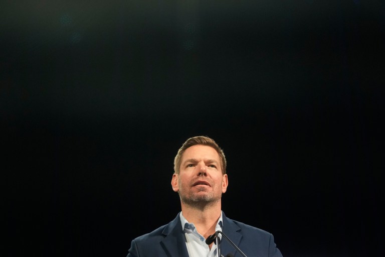 California gubernatorial candidate Eric Swalwell speaks at the 2026 California Democratic Party State Convention in San Francisco, Saturday, Feb. 21, 2026.