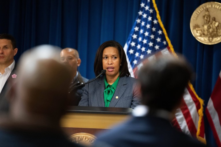 District of Columbia Mayor Muriel Bowser speaks at a news conference ahead of severe storms that are expected to impact Washington in the afternoon on Monday, March 16, 2026, in Washington. (AP Photo/Allison Robbert)