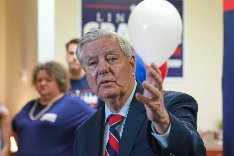 Sen. Lindsey Graham, R-S.C., speaks with supporters after filing his reelection paperwork Monday, March 16, 2026, in Columbia, S.C. (AP Photo/Meg Kinnard)