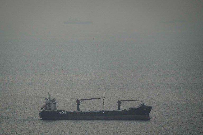 A cargo ship carrying vehicles sails through the Arabian Gulf toward the Strait of Hormuz in the United Arab Emirates, Sunday, March 22, 2026.